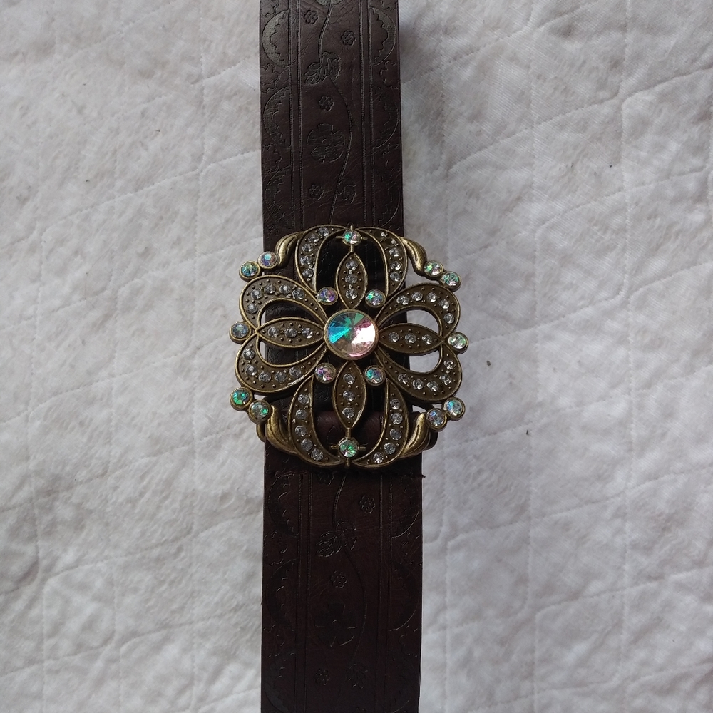 Brown Leather Belt with Rhinestone Buckle